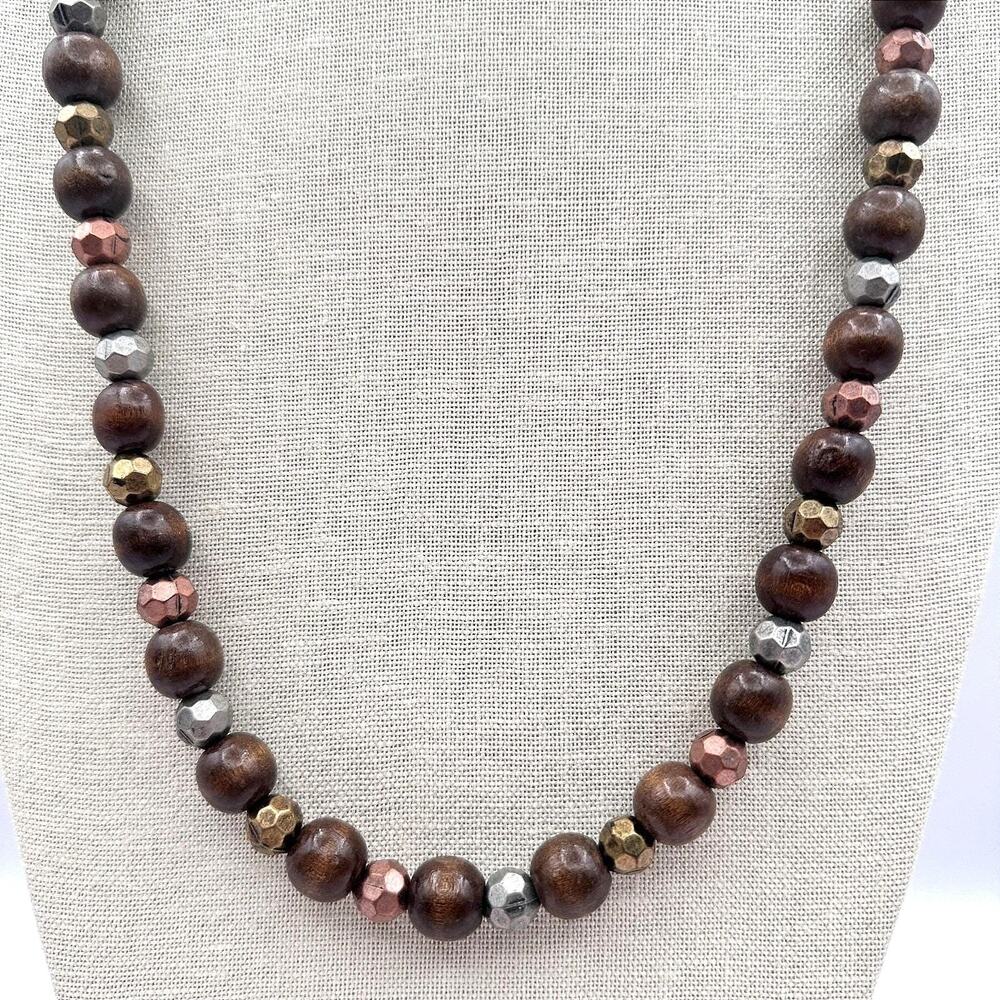 Vintage 80s Chunky Wood Bead Necklace Color Mixed Metal Silver Copper Jewelry